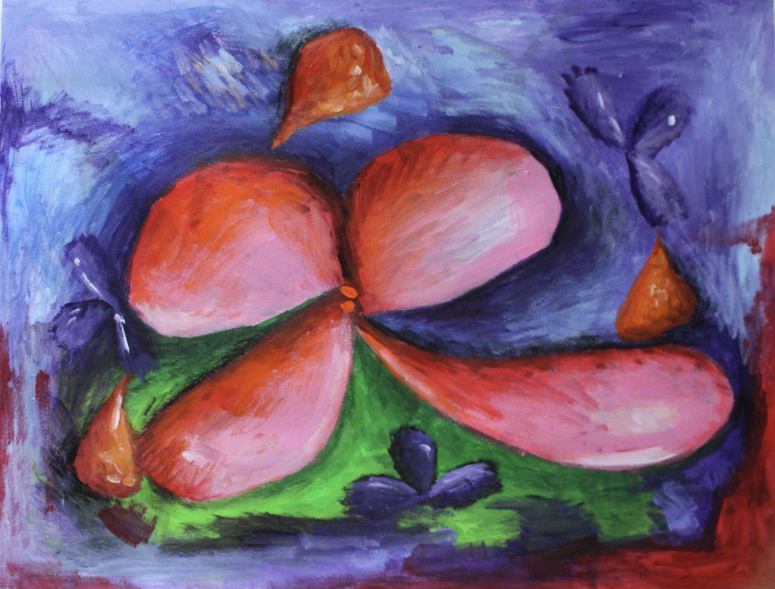 Pink biomorphic form against purple